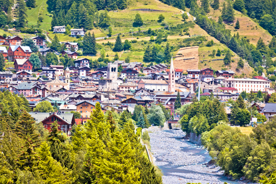 Town of Bormio in Dolomites Alps landscape view